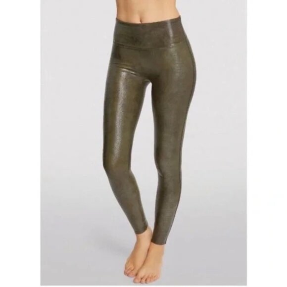 SPANX Olive Green Faux Leather Snakeskin Print High-Waisted Leggings Size Medium - Picture 2 of 12